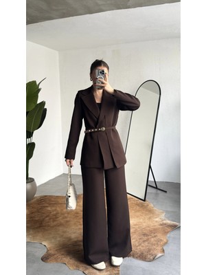 Asfa Moda Kadın Kahverengi Kemerli Blazer Ceket Bel Lastikli Palazzo Pantolon Ikili Takım