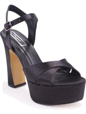 Dagoster DZA07-337350 Siyah Saten Çapraz  Bant Platform Topuklu  Kadın Ayakkabı