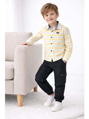 Bubiee Baby Erkek Çocuk Sarı Çizgili Gömlek ve Siyah Kargo Cepli Jogger Pantolon Takım