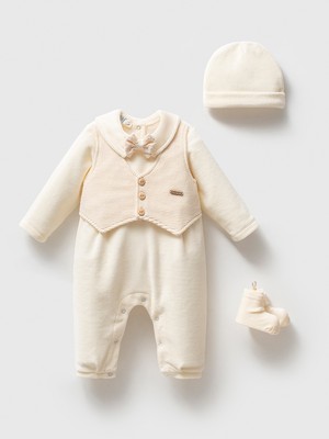 Ekru Papyonlu Yelek Görünümlü Erkek Bebek Tulum, Çıtçıtlı, Şık Mevlüt, Özel Gün Bebek Kombini 3-6 Ay