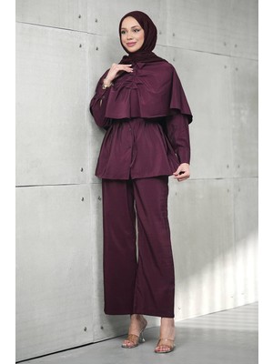 İmaj Butik Mürdüm Pelerin Detaylı Tunik Pantolonlu Takım