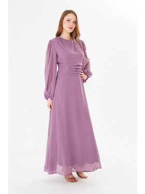 Rora Balon Kollu Pileli Şifon Maxi Elbise – Astarlı Zarif Tasarım