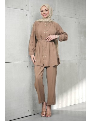 İmaj Butik Vizon Düğme Detaylı Tunik Pantolonlu Takım