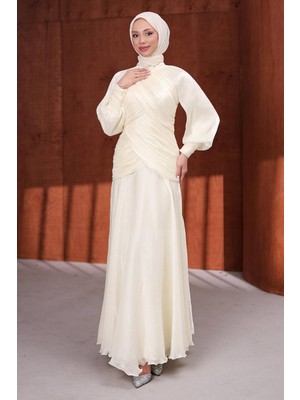 İmaj Butik Krem Önü Drapeli Balon Kol Işıltılı Abiye