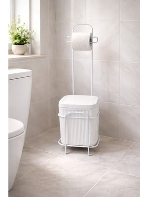 Decorev Metal Standlı Click Kapaklı Banyo Kovası & Tuvalet Kağıtlıklı Banyo Seti