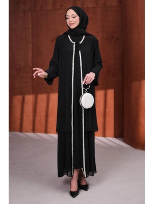 İmaj Butik Siyah Ön Bağlamalı Taşlı Abya Takım