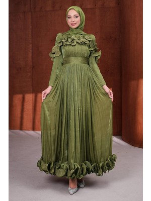 İmaj Butik Haki Yaka ve Etek Ucu Fırfırlı Işıltılı Abiye