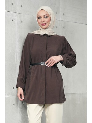 İmaj Butik Kahverengi Gizli Patlı Belden Kemerli Modal Dokuma Tunik Gömlek