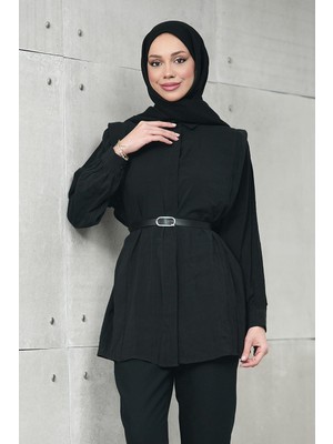 İmaj Butik Siyah Gizli Patlı Belden Kemerli Modal Dokuma Tunik Gömlek