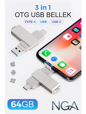 NGA 64GB 3 In 1  Otg Flash Bellek USB 3.0 Yüksek Hız (Type-C Usb-C Lightning)  Iphone-Android-Pc Uyumlu