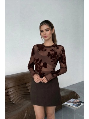 Rora Kadın Bisiklet Yaka Transparan Tül Bluz Kadife Çiçek Desenli Şık Davet Üst