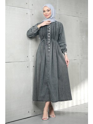 İmaj Butik Füme Yarım Düğmeli Pileli Kot Elbise