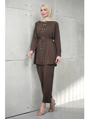 İmaj Butik Kahverengi Düğme Detaylı Tunik Pantolonlu Takım