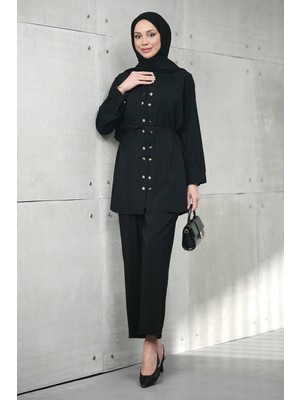İmaj Butik Siyah Düğme Detaylı Tunik Pantolonlu Takım