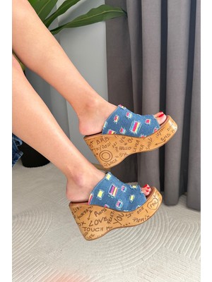 Preshley Kadın Leydi Mavi Kot 10 cm Dolgulu Yazılı Mantar Taban Terlik K-401