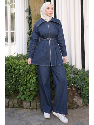 İmaj Butik Lacivert Fermuarlı Kemerli Ceket Pantolonlu Takım