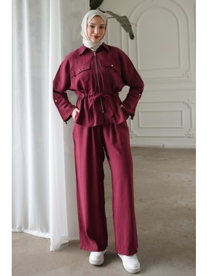 İmaj Butik Bordo Bel Bağlamalı Ceket Pantolonlu Takım
