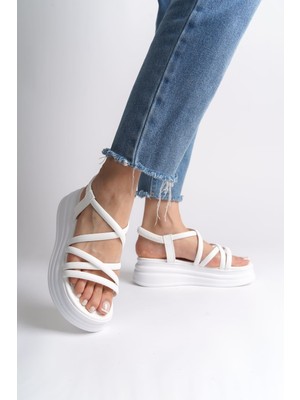 DMR Elegance Bella Lastikli Şerit Detaylı Ortopedik Taban Kadın Sandalet Cbt - Beyaz