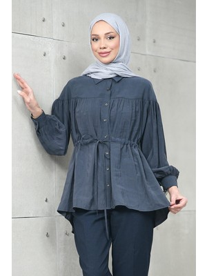 İmaj Butik Antrasit Bel Bağlamalı Modal Salaş Gömlek