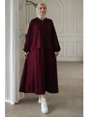 İmaj Butik Mürdüm Fermuarlı Hırka Etekli Modal Takım