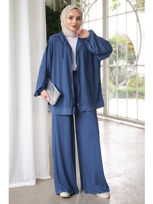 İmaj Butik Indigo Fermuarlı Kapüşonlu Tunik Pantolonlu Modal Takım