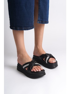 DMR Elegance Clara Düz Topuklu Kurdele Desenli Taşlı Kalın ve Ortopedik Taban Kadın Terlik  Cst - Siyah