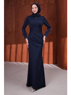 İmaj Butik Lacivert Kol Tül Detaylı Abiye