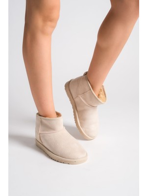 DMR Elegance Jolıe Bağcıksız Düz Taban Içi Kürklü Kısa Süet Kadın Bot Skt - Krem