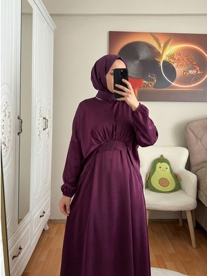 Miostil Bağlama Detaylı Ikili Saten Elbise-Mürdüm