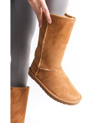 DMR Elegance Freya Bağcıksız Düz Taban Içi Kürklü Süet Kadın Bot  Stt - Taba