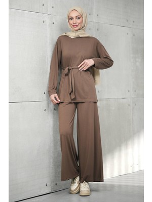 İmaj Butik Kahverengi Bel Bağlamalı Tunik Pantolonlu Modal Takım