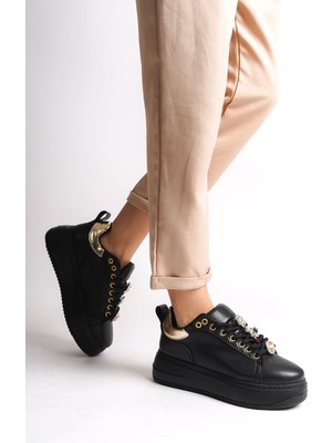 DMR Elegance Brıanna Bağcıklı Ortopedik Taban Renkli Taş Dekorlu Kadın Sneaker Spor Ayakkabı Cst - Siyah/altın