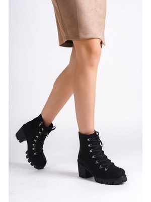 DMR Elegance Emma Bağcıklı Fermuarlı Ortopedik Taban Topuklu Süet Kadın Bot  Sst - Siyah