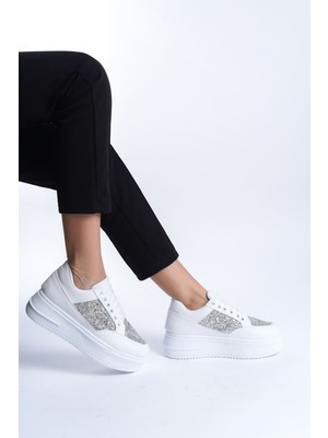 DMR Elegance Mıpa Bağcıklı Ortopedik Taban Simli Kadın Sneaker Spor Ayakkabı  Cbt - Beyaz