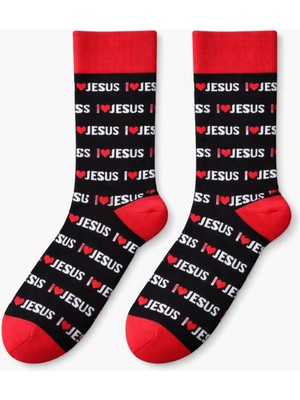 Solde Erkek Pamuklu Günlük Çorap – I ❤️ Jesus Yazı Desenli, Siyah Zemin Kırmızı Detaylı