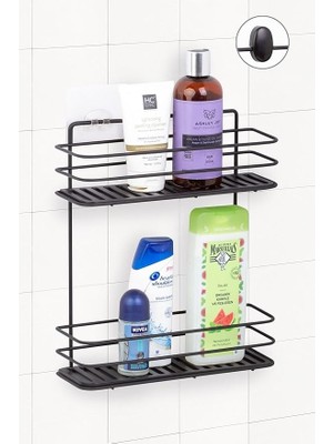 Leaf Shop Boyu Paslanmaz Yapışkanlı Banyo Düzenleyici Şampuanlık 2 Katlı Duş Rafı Siyah MDS-836