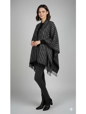 Rora Kadın Gri Çift Taraflı Omuz Şalı Panço 130X160