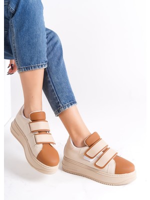 DMR Elegance Valencıa Bağcıksız Cırt Cırtlı Ortopedik Taban Kadın Sneaker Spor Ayakkabı Ctt - Ten/kahve