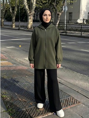 Foremia Kapşon Detay Fermuarlı Hırka-Haki -