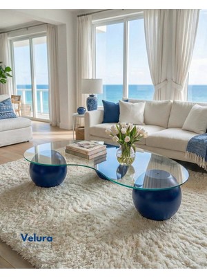 Velura Home & Living Küre Orta Sehpa - Mavi - Fasulye - Şeffaf Cam