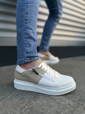 DMR Elegance JY155 Warrior Bağcıklı ve Fermuarlı Cilt Süet Erkek Günlük Sneaker Ayakkabı Csbt - Beyaz/krem