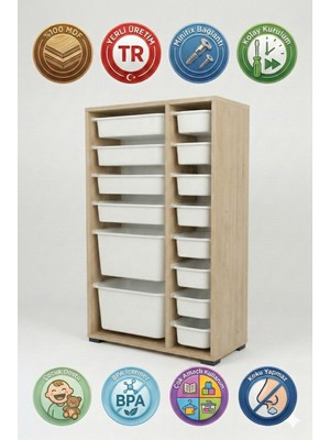 yabilmo %100 Mdf Gövde Kolay Minifix Bağlantı 14 Çekmece Çok Amaçlı Oyuncak Dolabı - 14 Sepetli Safir Meşe Dolap