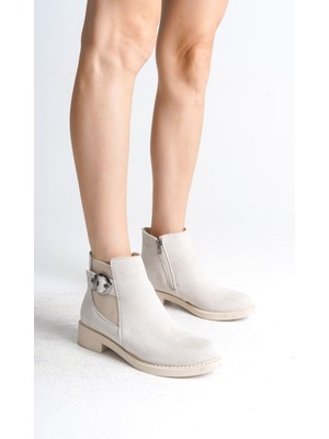 DMR Elegance Luna Fermuarlı Lastikli Ortopedik Taban Topuklu Süet Kadın Bot Skt - Krem