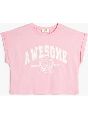 Koton Crop Tişört Slogan Baskılı Kısa Kollu Bisiklet Yaka Pamuklu