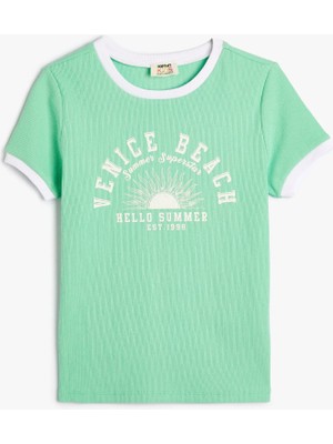 Koton Crop Tişört Slogan Baskılı Kısa Kollu Bisiklet Yaka Pamuklu