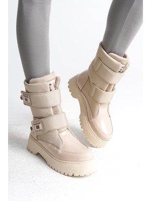 DMR Elegance Elısa Cırt Cırtlı  Paraşüt Kumaş Rugan Kadın Bot Rkt - Krem