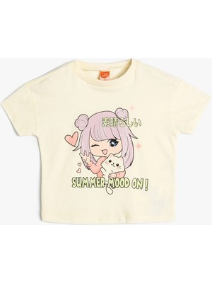 Koton Anime Tişört Kız Çocuklar İçin Kısa Kollu Bisiklet Yaka Pamuklu Grafik Desenli