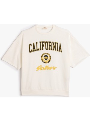 Koton Kolej Sweatshirt Kısa Kollu Bisiklet Yaka Baskı Detaylı