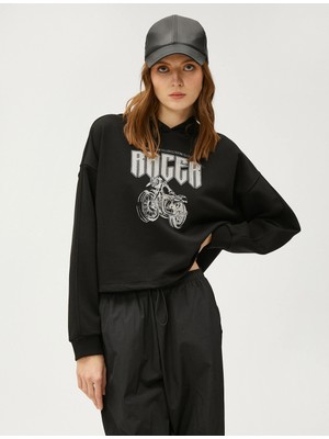 Koton Crop Sweatshirt Kapüşonlu Baskılı