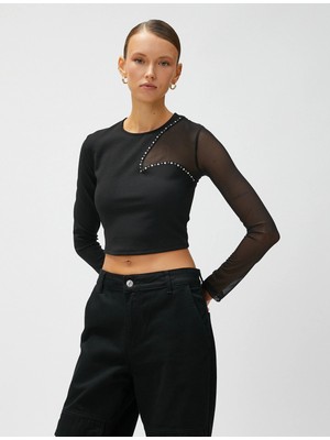 Koton Crop Bluz Tül Detaylı Taşlı